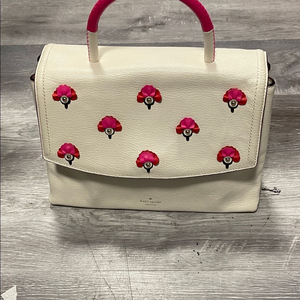 kate spade White Leather Satchel with Pink & Red Flower Accents